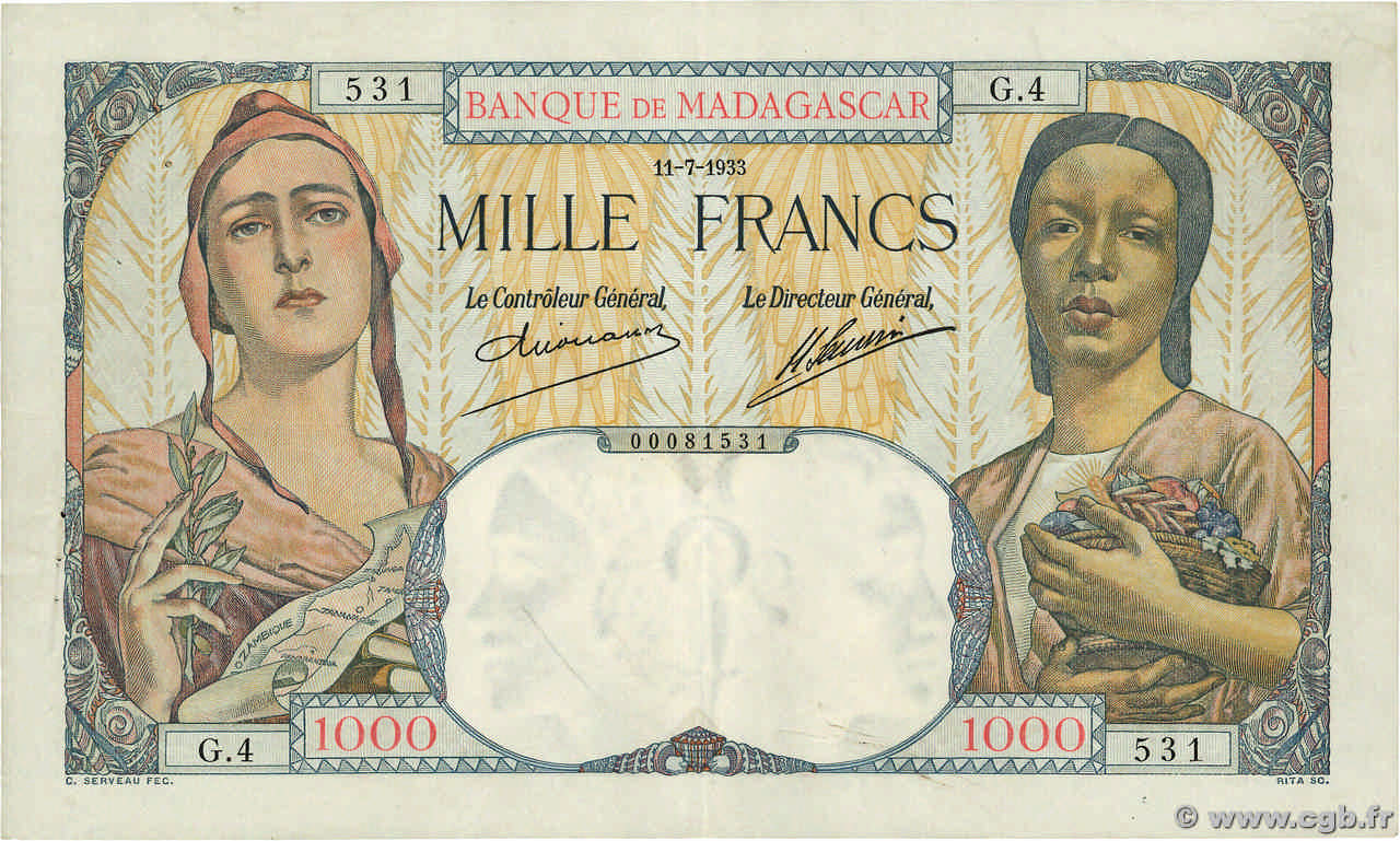 1000 Francs MADAGASCAR  1933 P.041 VF