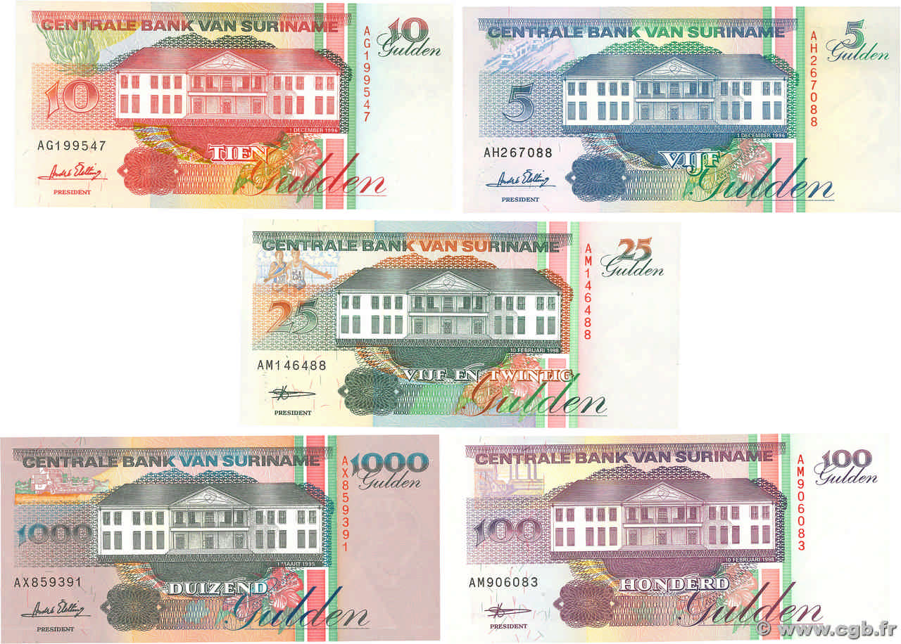 5 au 100 et 1000 Gulden Lot SURINAM  1995 P.136 au P.139 et P.141b NEUF