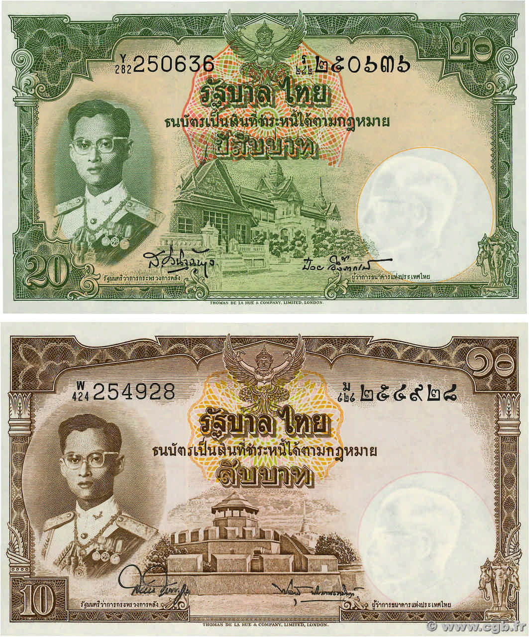 10 et 20 Baht Lot THAILAND  1953 P.076d et P.77d UNC