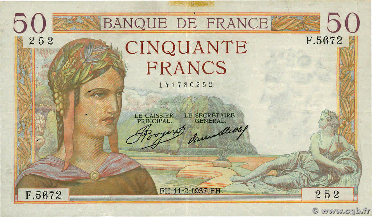 50 Francs CÉRÈS FRANCIA  1937 F.17.34 q.BB