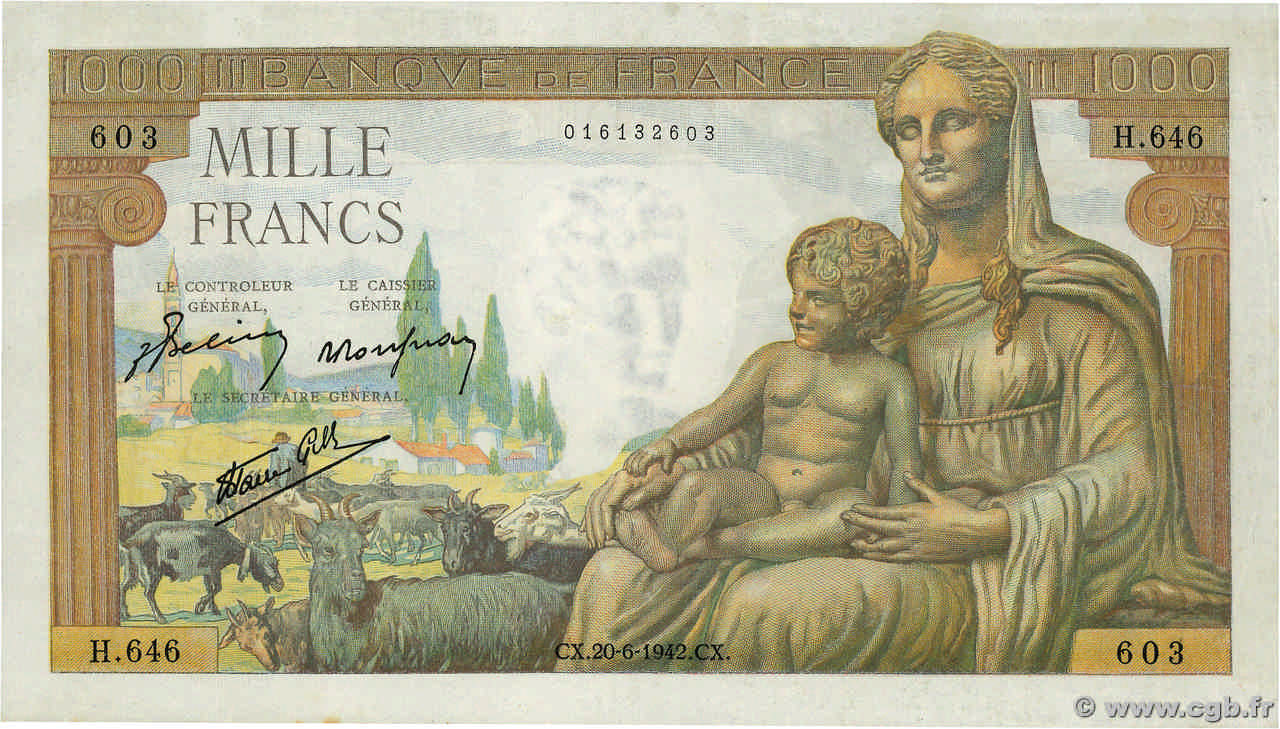 1000 Francs DÉESSE DÉMÉTER FRANKREICH  1942 F.40.03 VZ