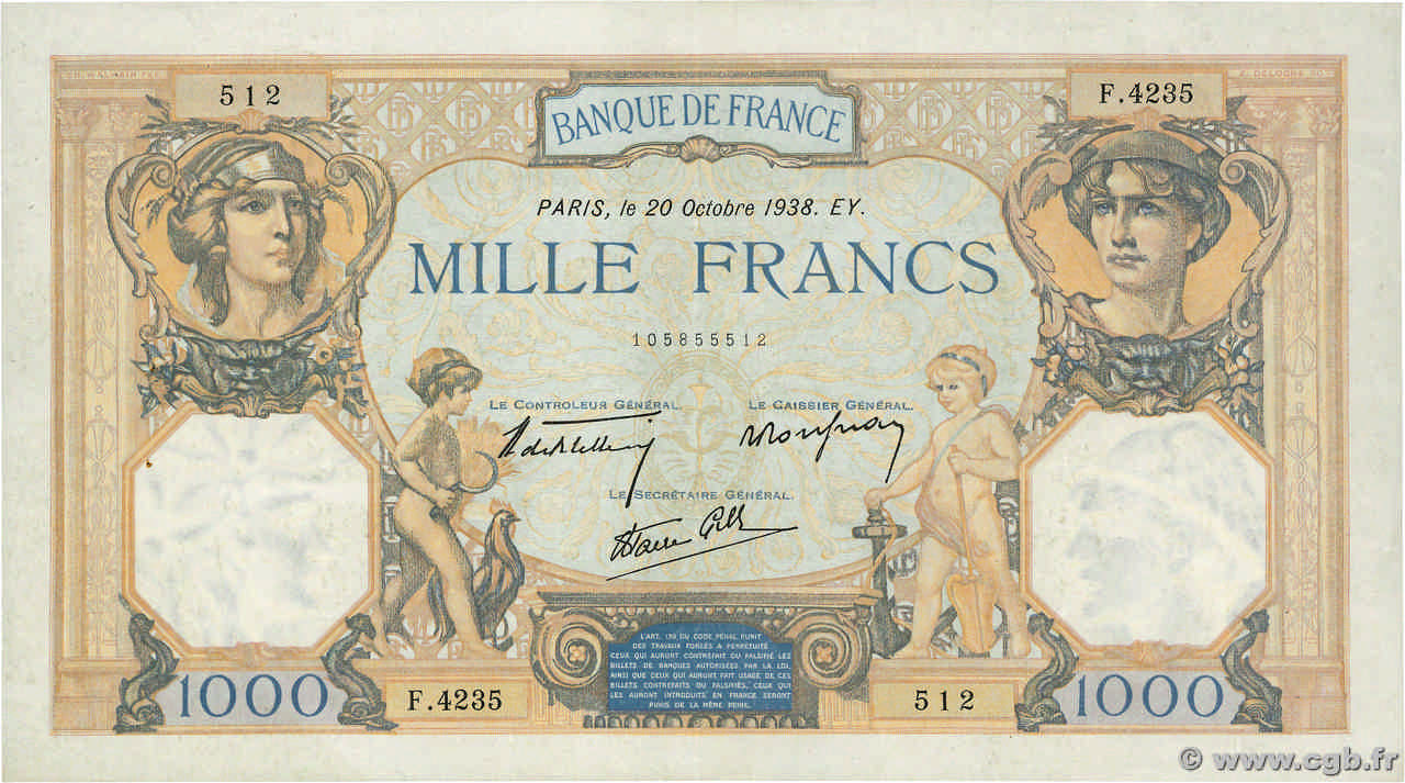 1000 Francs CÉRÈS ET MERCURE type modifié FRANCE  1938 F.38.30 TTB+