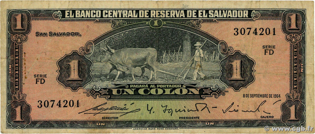 1 Colon SALVADOR  1964 P.105a TB