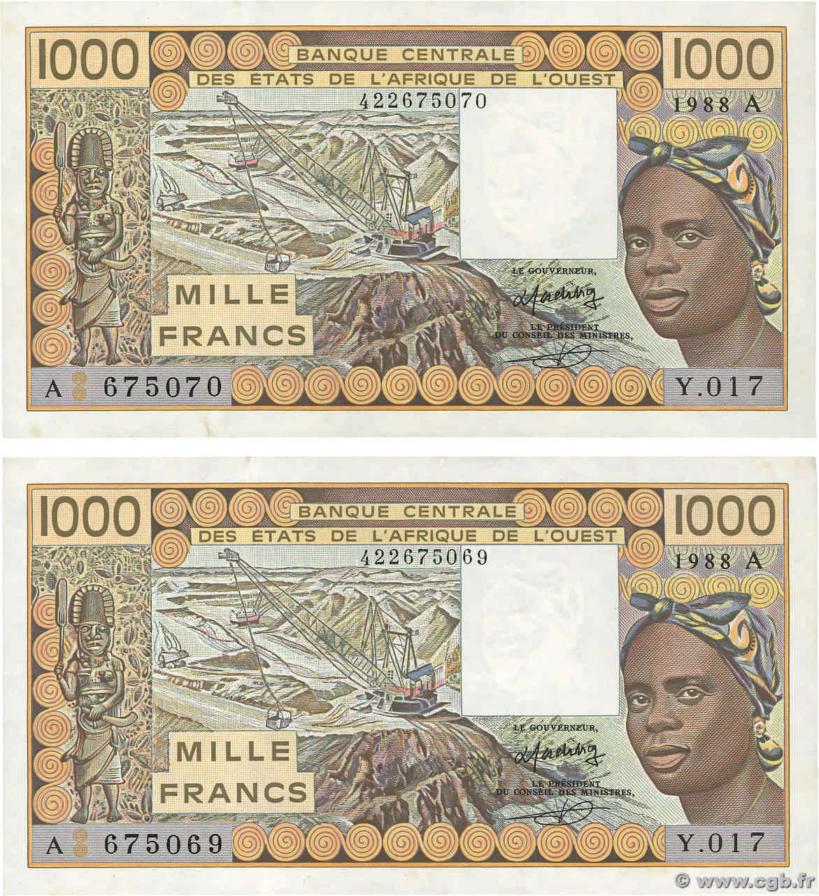 1000 Francs Consécutifs WEST AFRICAN STATES  1988 P.707Ka VF+