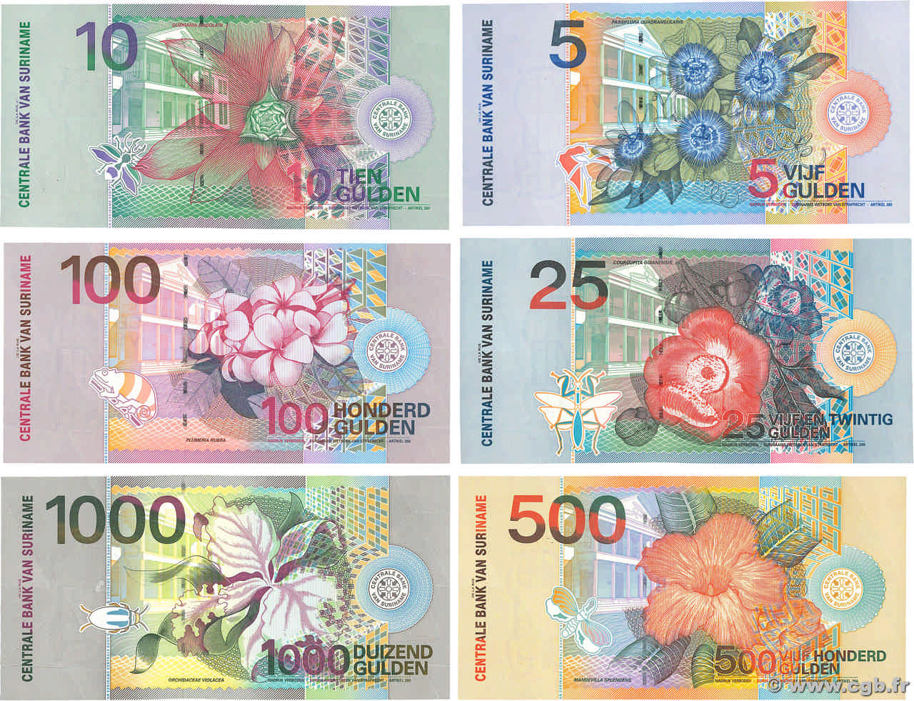 5, 10, 25, 100, 500, 1000 Gulden  Lot SURINAM  2000 P.146 à P.151 pr.NEUF