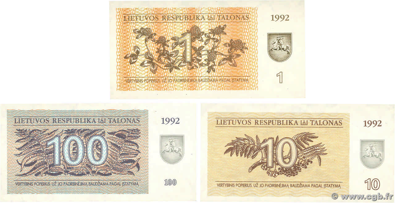 1, 10 et 100 Talonas Lot LITHUANIA  1992 P.39, P.40, P.42 UNC