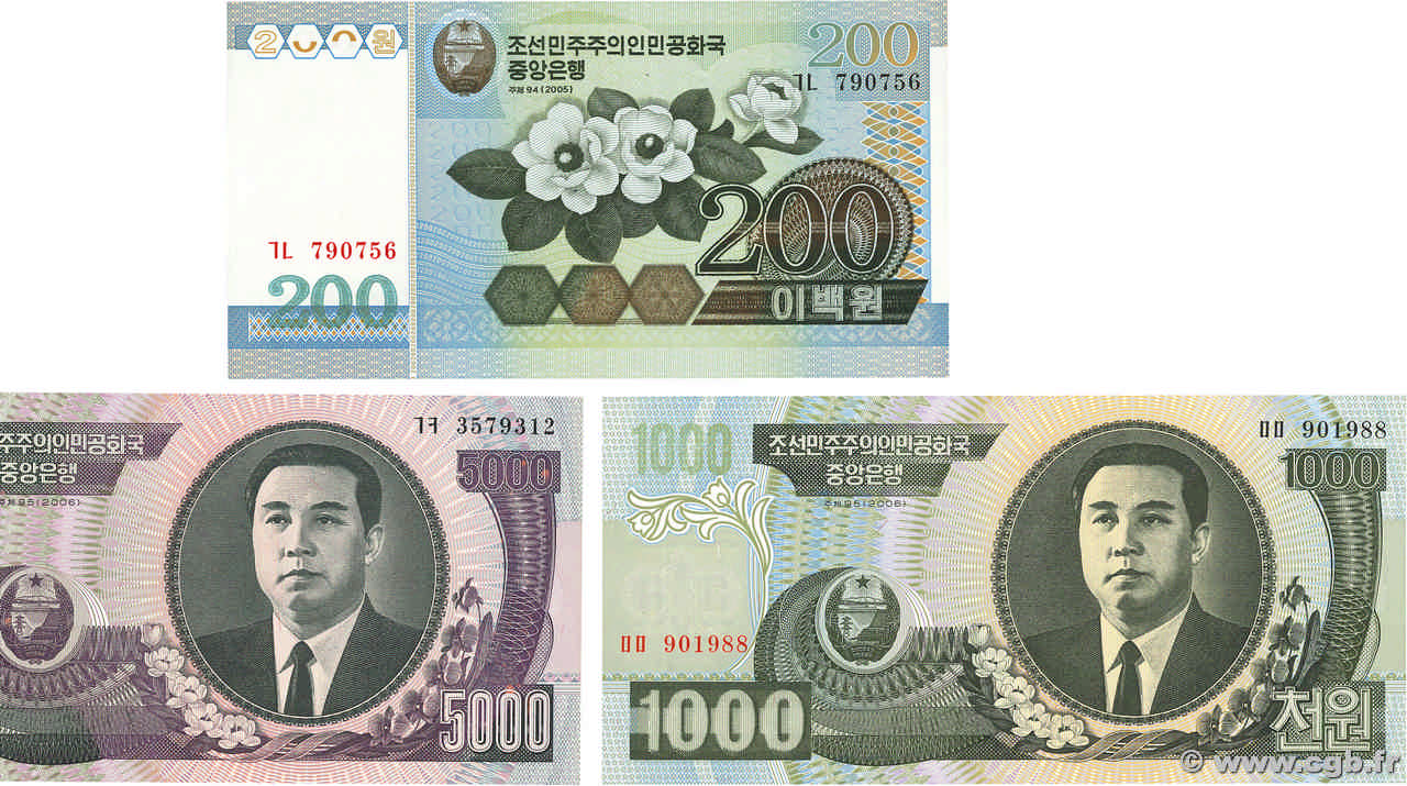 200, 1000 et 5000 Won Lot NORDKOREA  2005 P.45b, P.46c et P.48 ST
