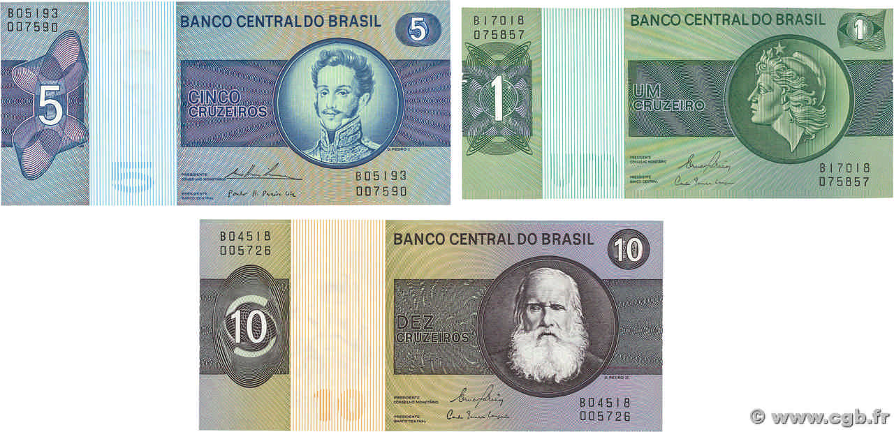 1, 5, 10 Cruzeiro BRÉSIL  1981 P.191Ac, P.192c et P.193e NEUF