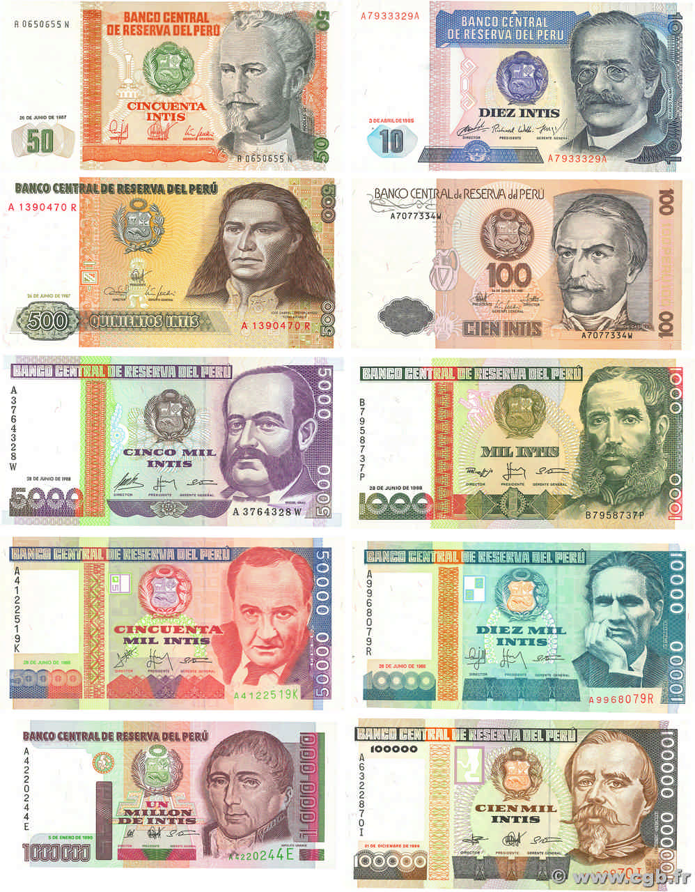 10 au 100000 Intis Lot PERú  1987 P.128, P.131b, P.133, P.134b P.136b, P.137, P.141, P.142, P.145  et P.148 FDC