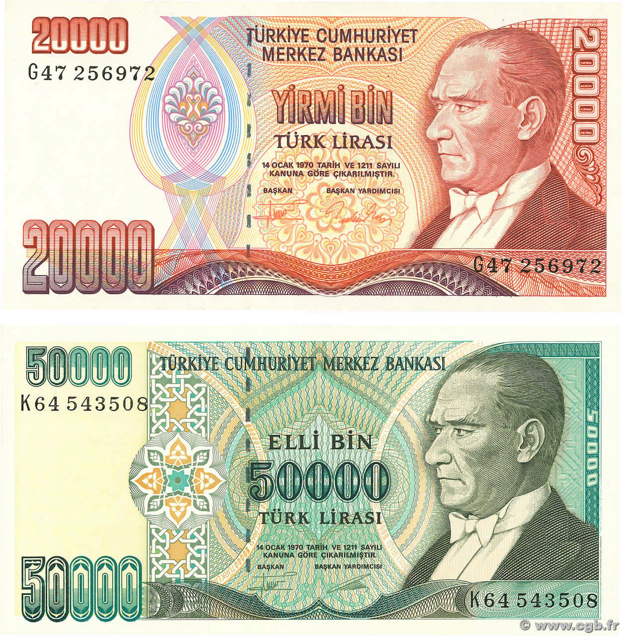 20000 et 50000 Lira Lot TURCHIA  1995 P.202, P.204 FDC