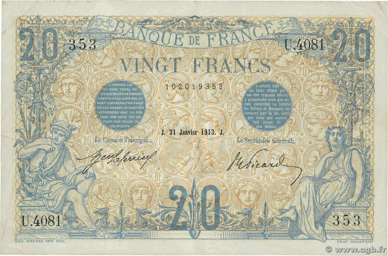 20 Francs BLEU FRANCE  1913 F.10.03 VF