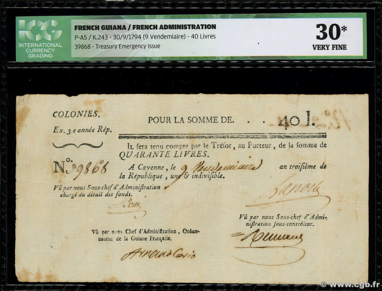 40 Livres FRENCH GUIANA  1794 P.A5 MBC+