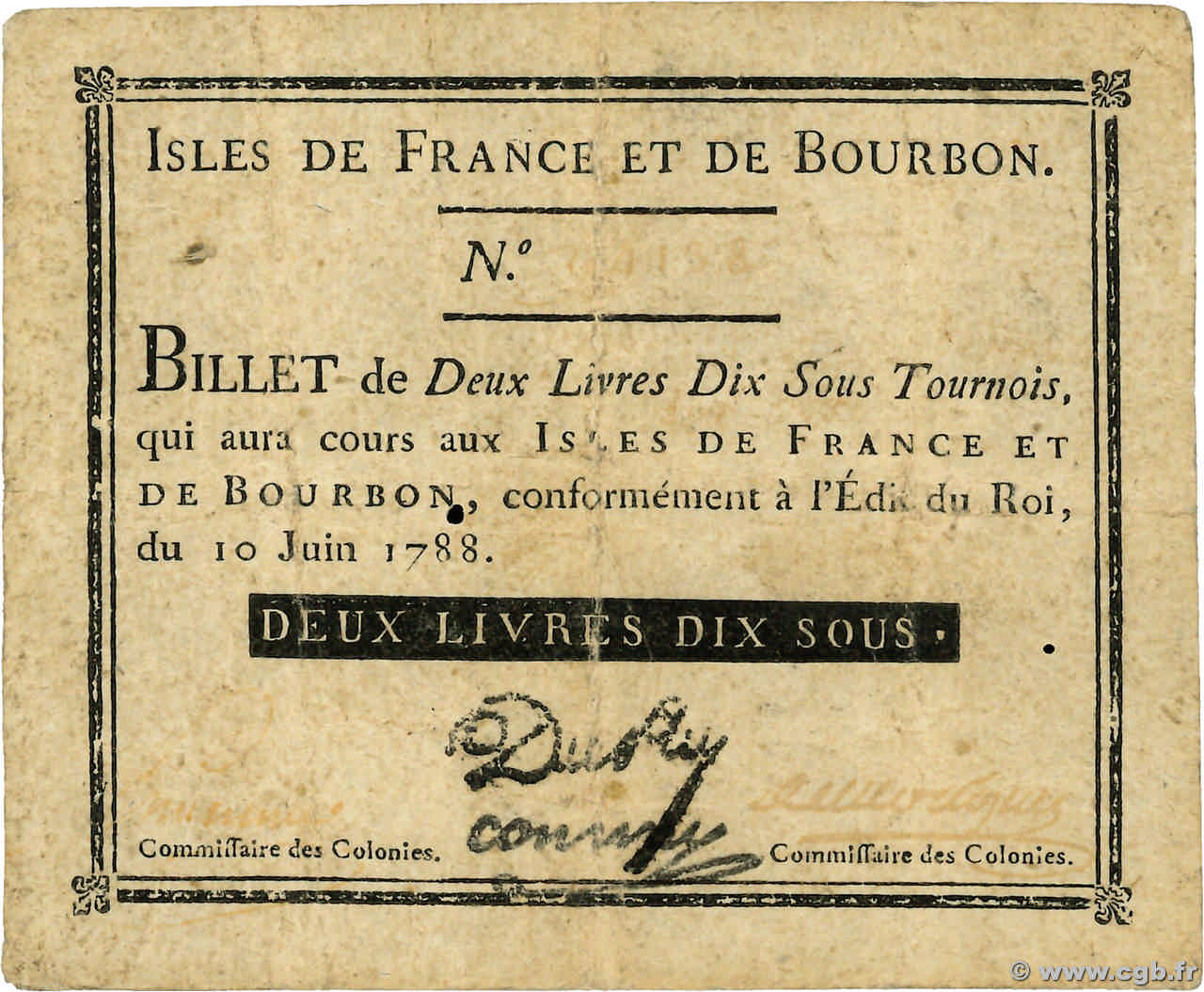 2 Livres 10 Sous ISLES OF FRANCE AND BOURBON  1788 P.06 VF