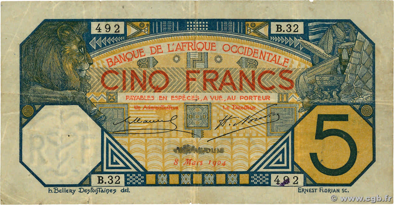 5 Francs FRENCH WEST AFRICA Saint-Louis 1904 P.05F vars BC+