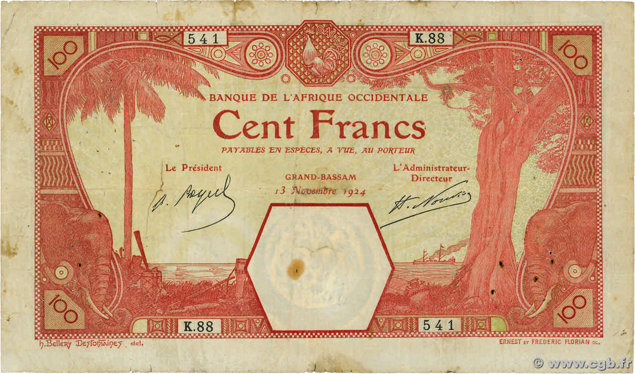 100 Francs GRAND-BASSAM AFRIQUE OCCIDENTALE FRANÇAISE (1895-1958) Grand-Bassam 1924 P.11Dd TB