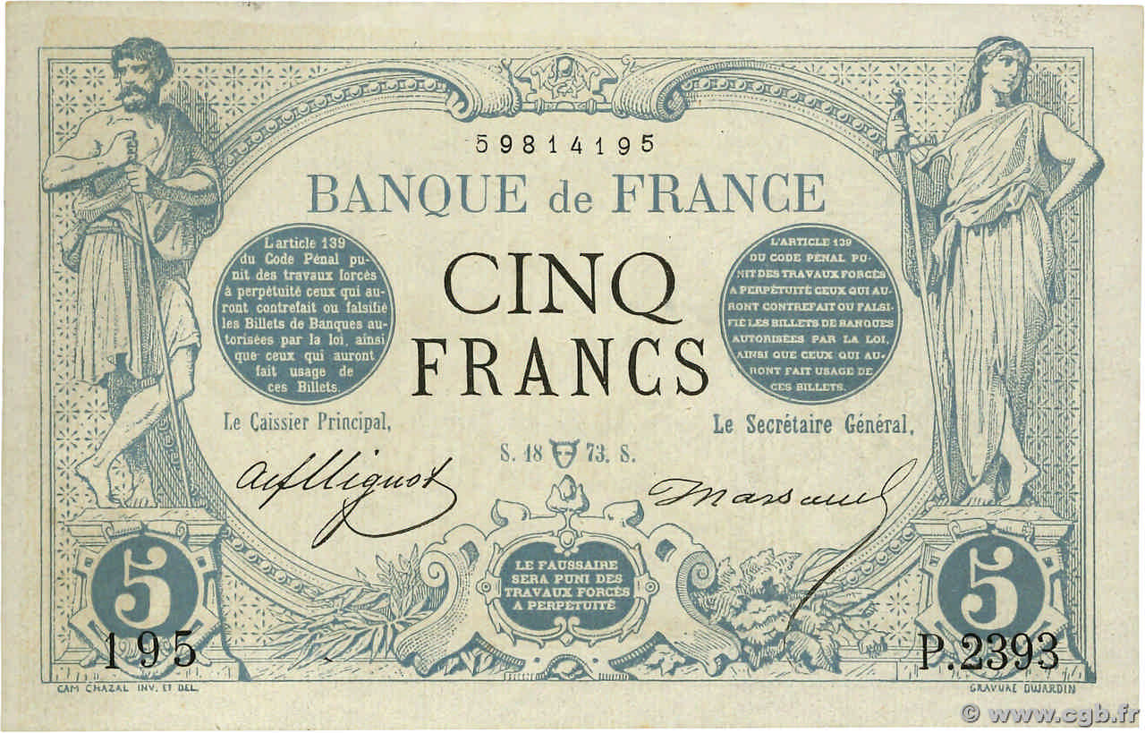 5 Francs NOIR FRANCE  1873 F.01.17 AU+