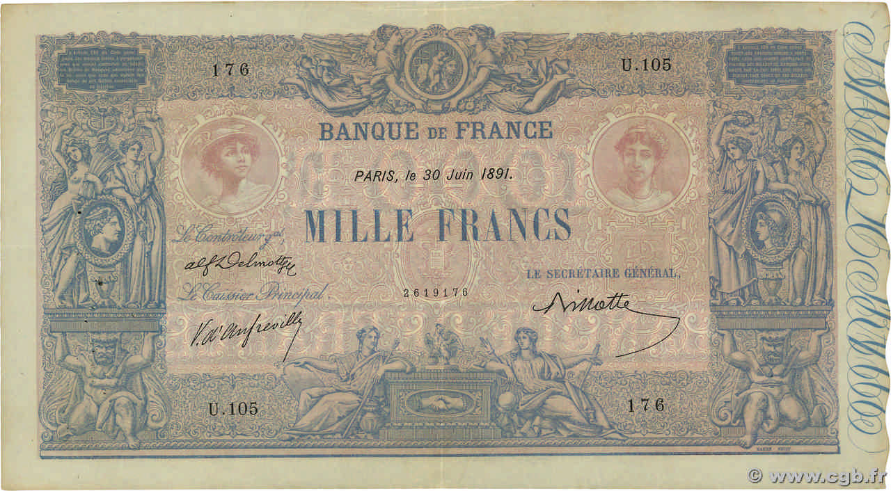 1000 Francs BLEU ET ROSE FRANCE  1891 F.36.03 TTB
