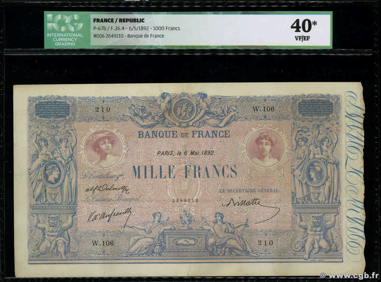 1000 Francs BLEU ET ROSE FRANKREICH  1892 F.36.04 fVZ