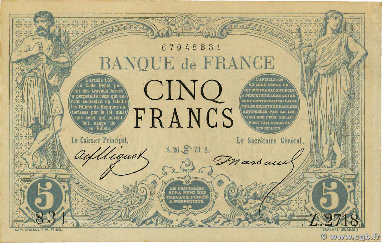 5 Francs NOIR FRANCIA  1873 F.01.19 MBC