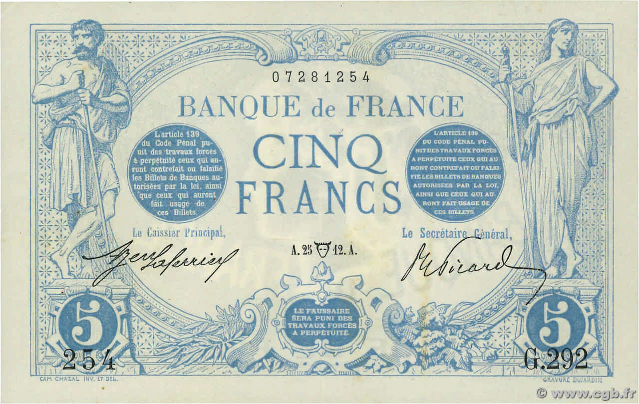 5 Francs BLEU FRANKREICH  1912 F.02.04 VZ