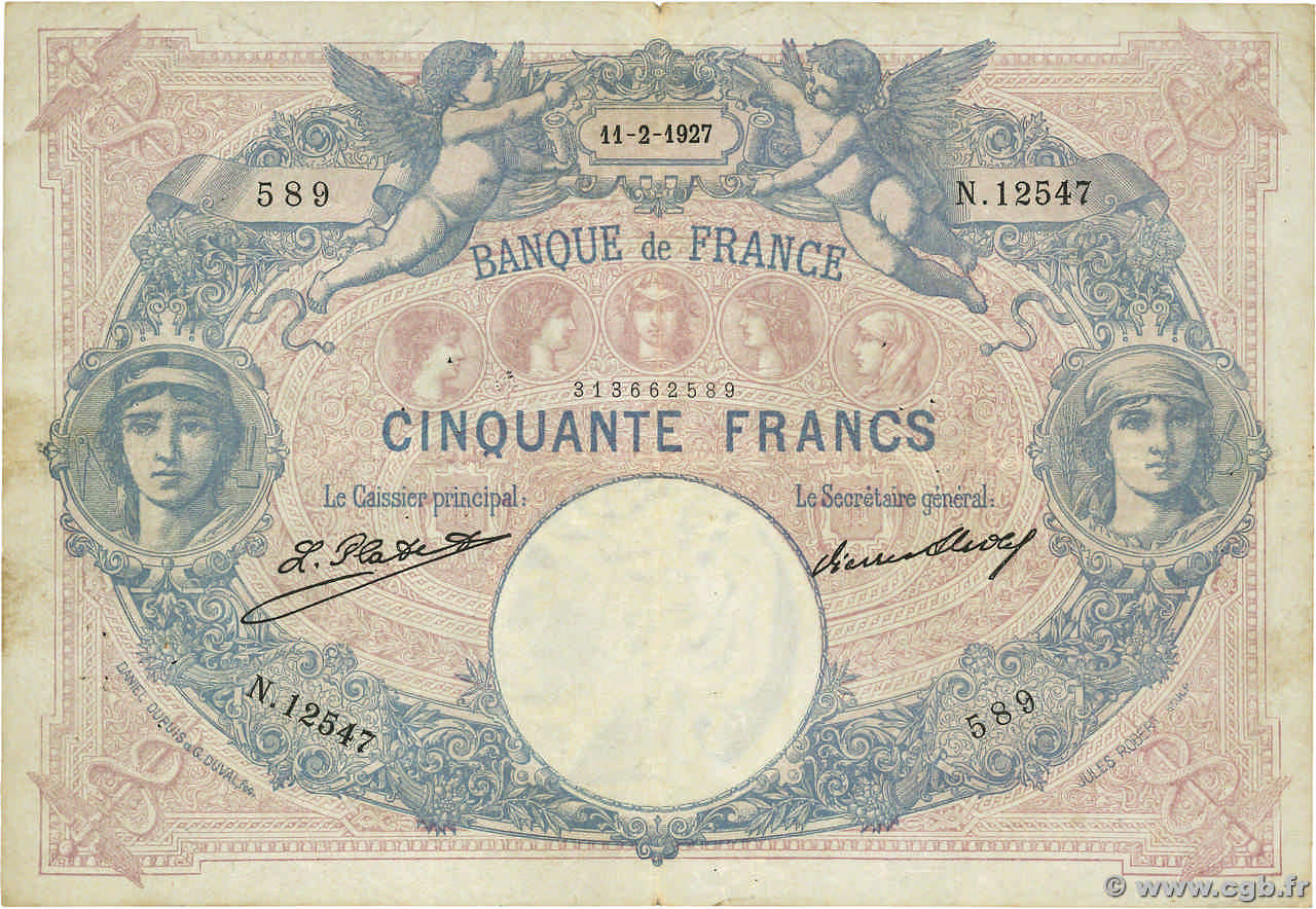 50 Francs BLEU ET ROSE FRANCE  1927 F.14.40 VG