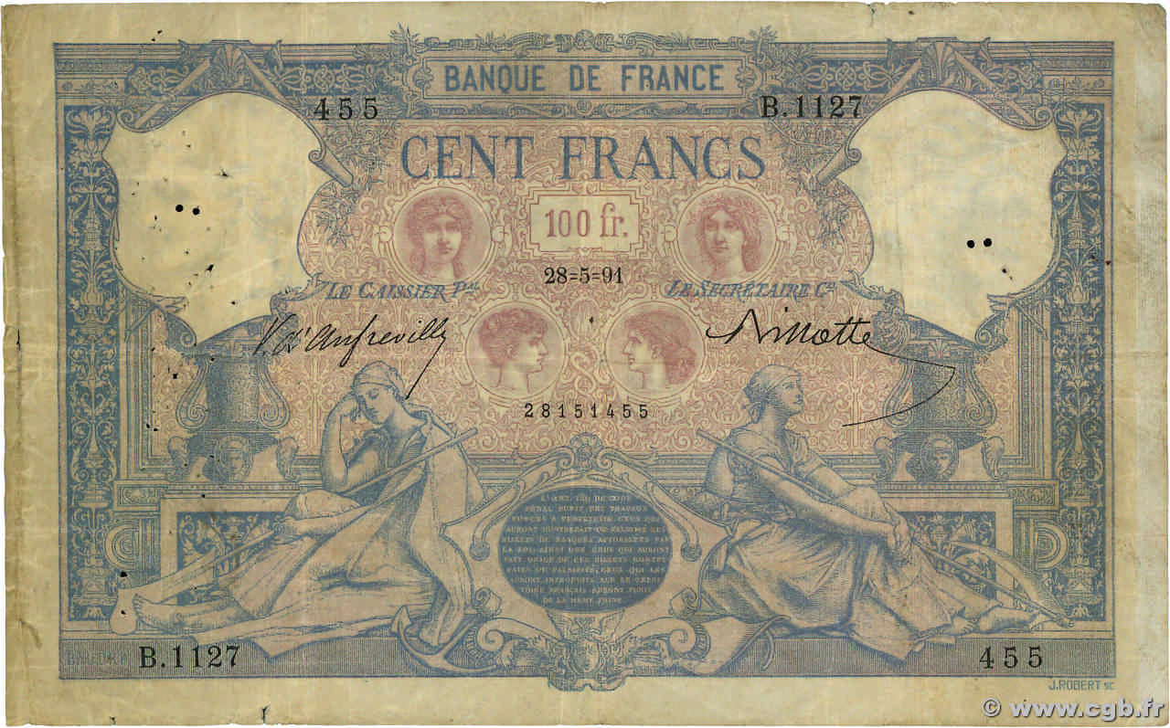 100 Francs BLEU ET ROSE FRANCE  1891 F.21.04 pr.TB