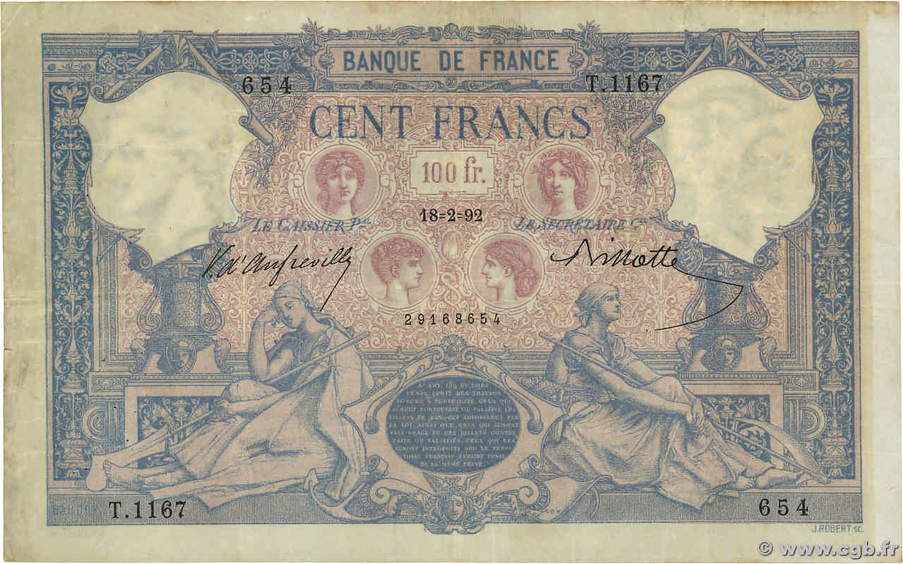 100 Francs BLEU ET ROSE FRANCE  1892 F.21.05 pr.TTB