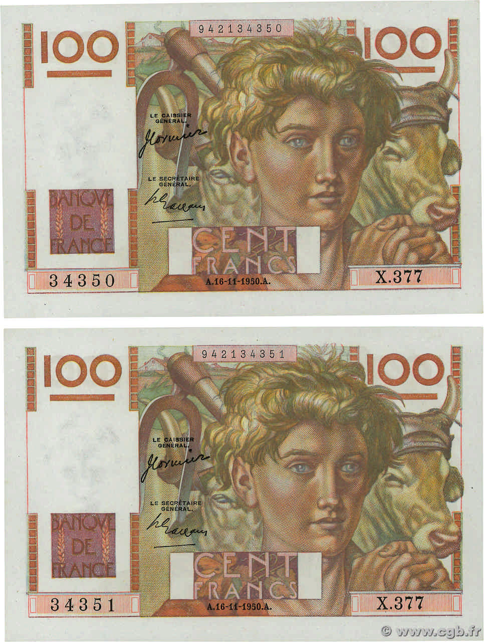 100 Francs JEUNE PAYSAN Consécutifs FRANCIA  1950 F.28.28 AU