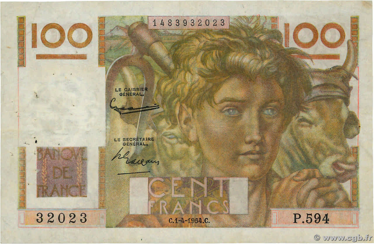 100 Francs JEUNE PAYSAN filigrane inversé Numéro radar FRANCIA  1954 F.28bis.06 MB
