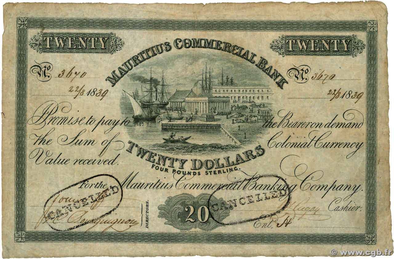 20 Dollars - 4 Pounds Sterling Annulé MAURITIUS  1839 PS.125 SS