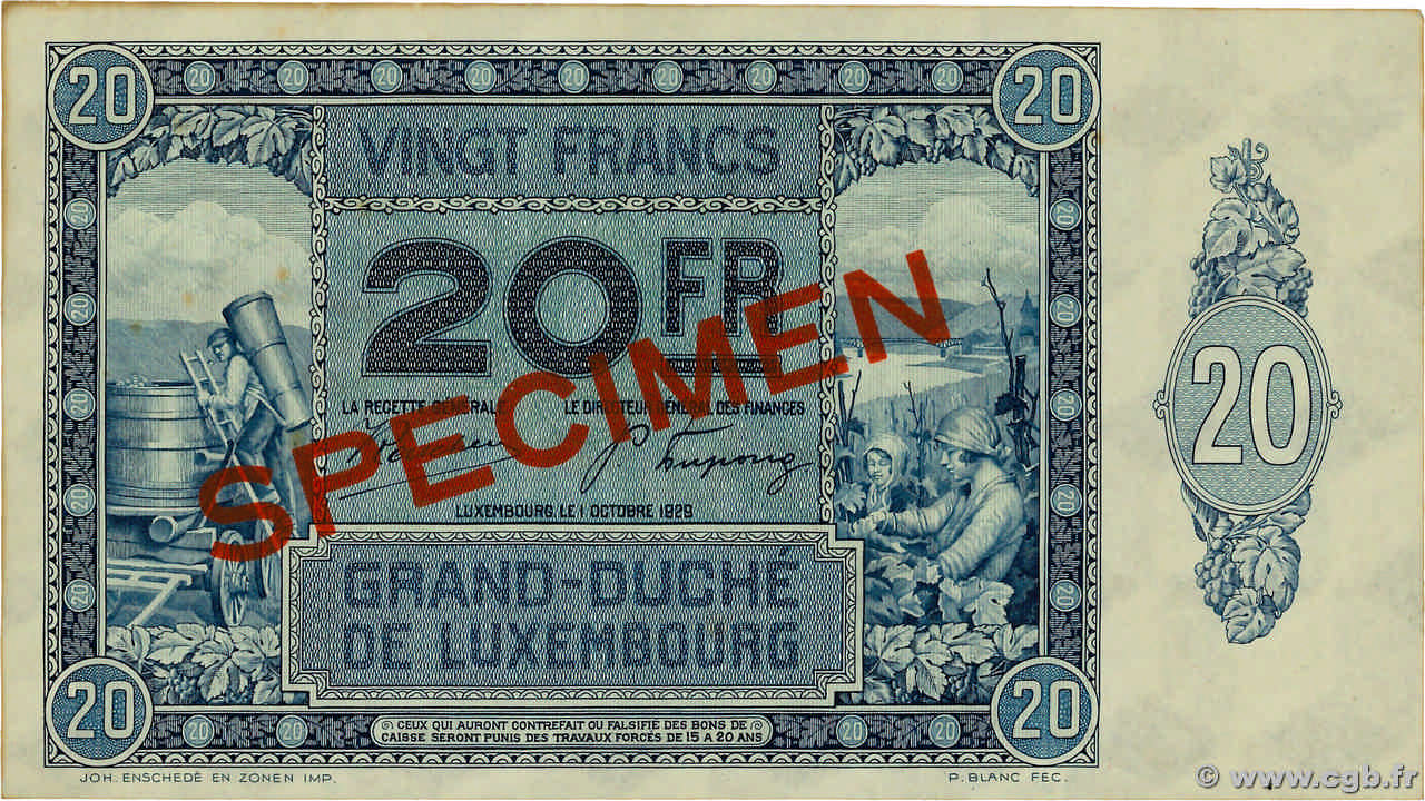 20 Francs Spécimen LUSSEMBURGO  1929 P.37s AU+