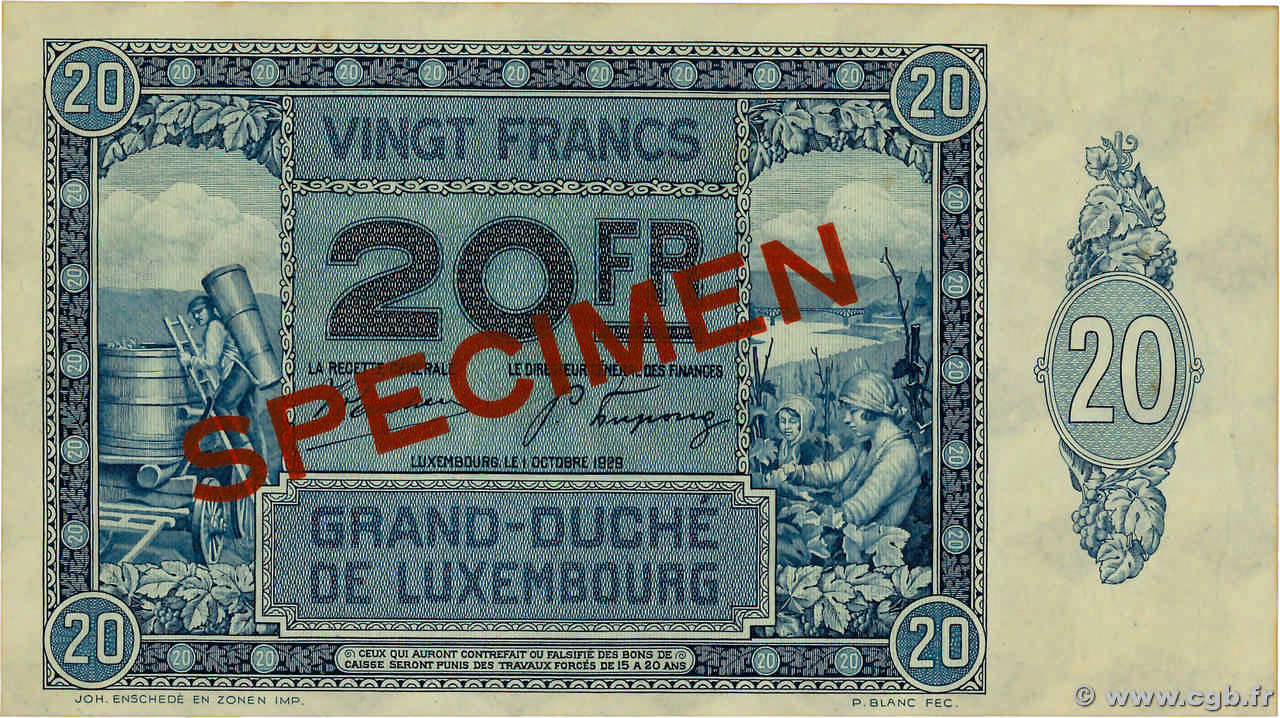 20 Francs Spécimen LUXEMBURG  1929 P.37s fST+