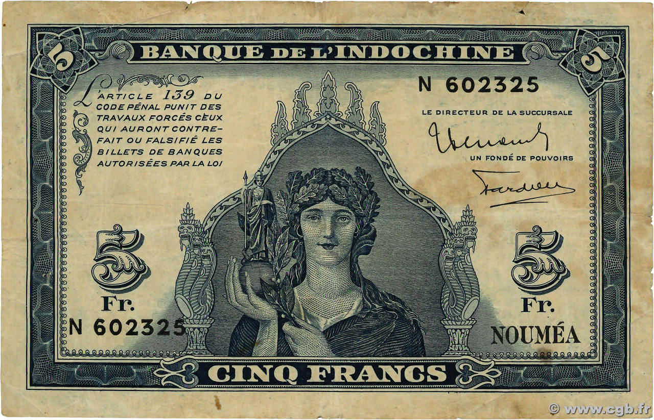 5 Francs NOUVELLE CALÉDONIE  1944 P.48 TB