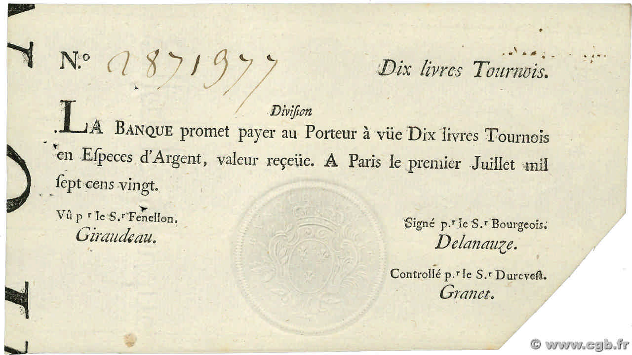 10 Livres Tournois typographié FRANKREICH  1720 Dor.22 VZ+
