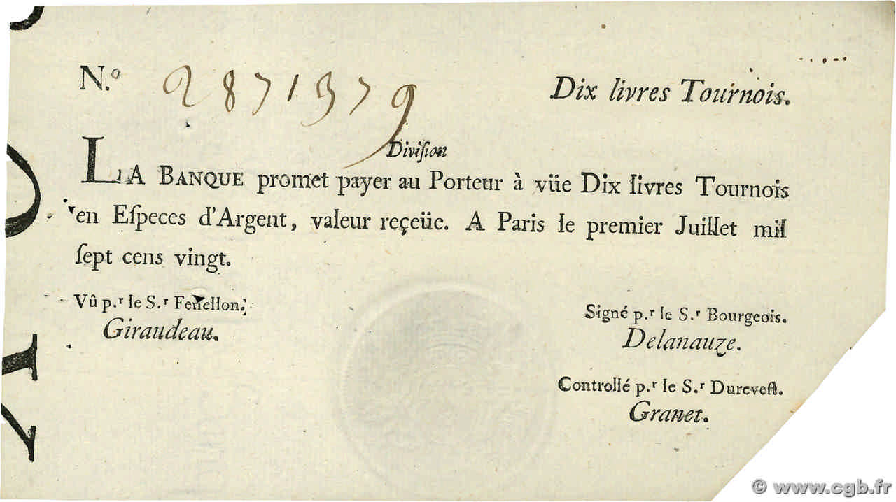 10 Livres Tournois typographié FRANCE  1720 Dor.22 XF+