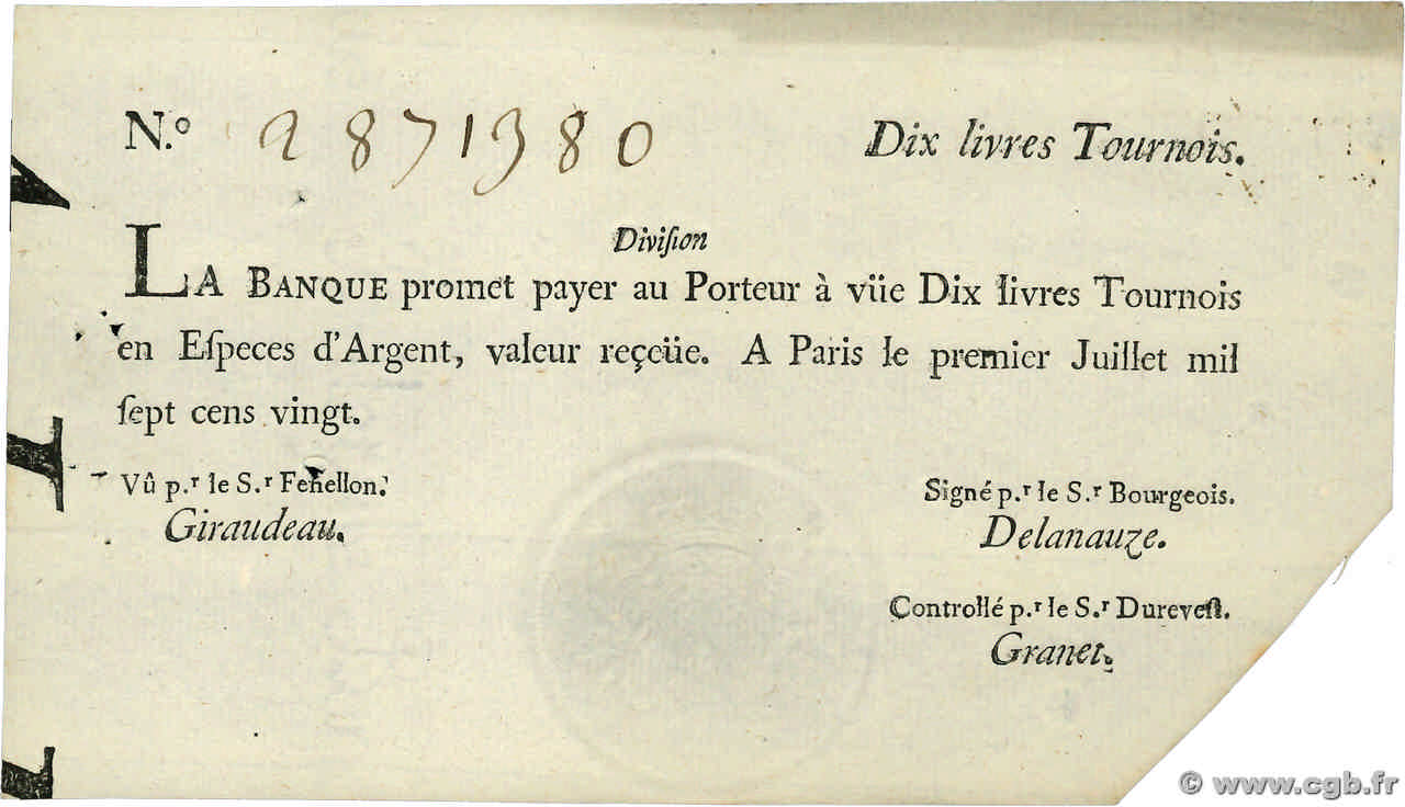 10 Livres Tournois typographié FRANKREICH  1720 Dor.22 VZ