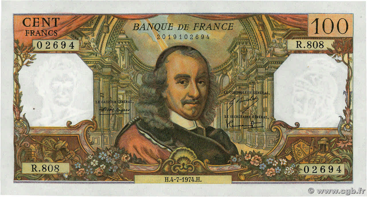 100 Francs CORNEILLE FRANCIA  1974 F.65.46 q.AU