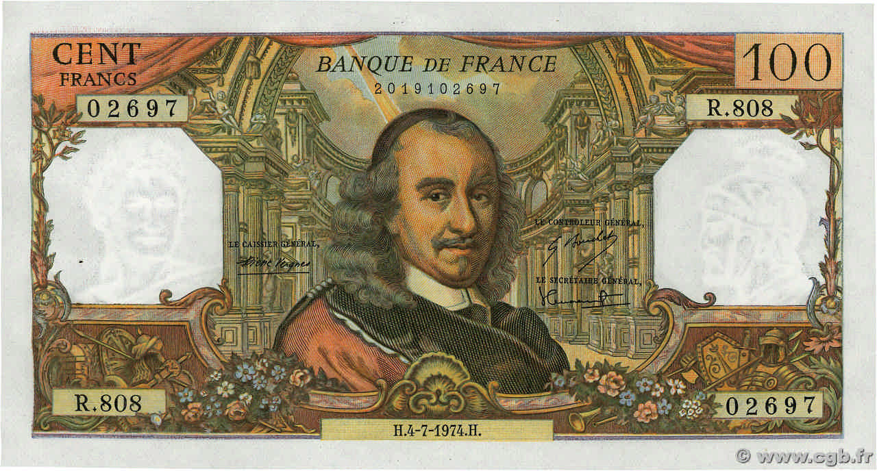 100 Francs CORNEILLE FRANKREICH  1974 F.65.46 fST