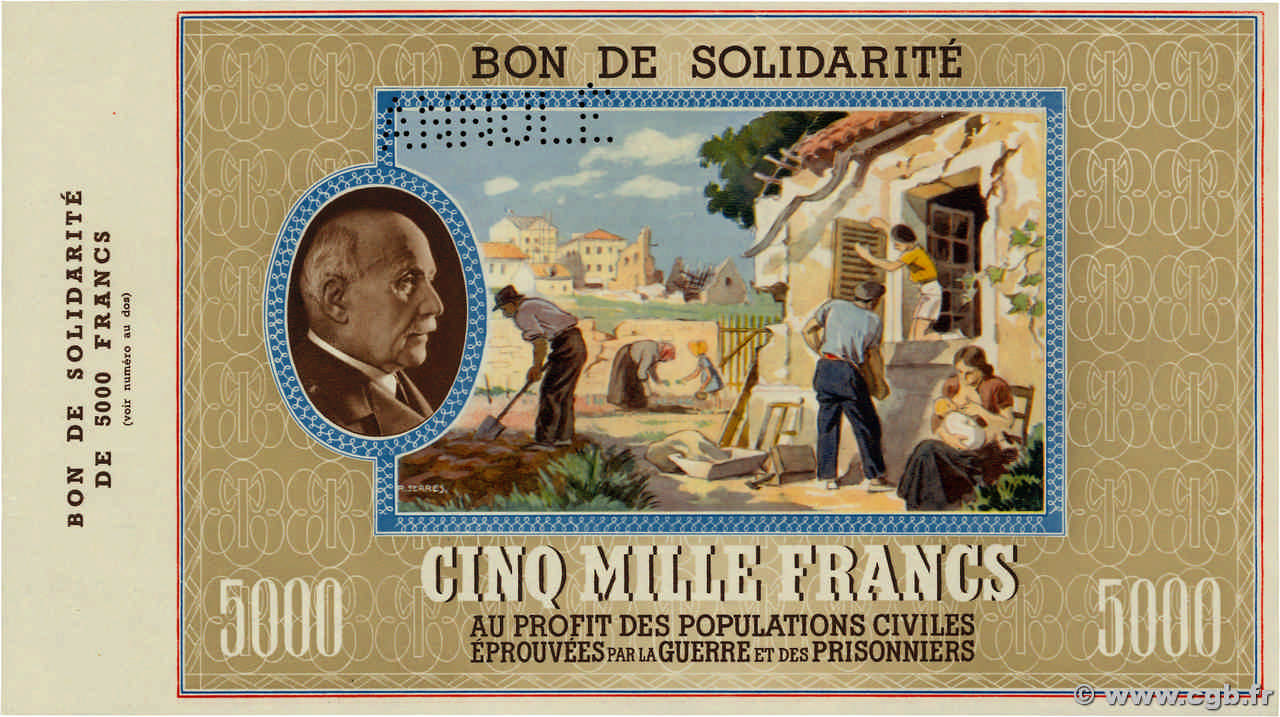 5000 Francs BON DE SOLIDARITÉ Annulé FRANCIA  1941 KL.13 SC+