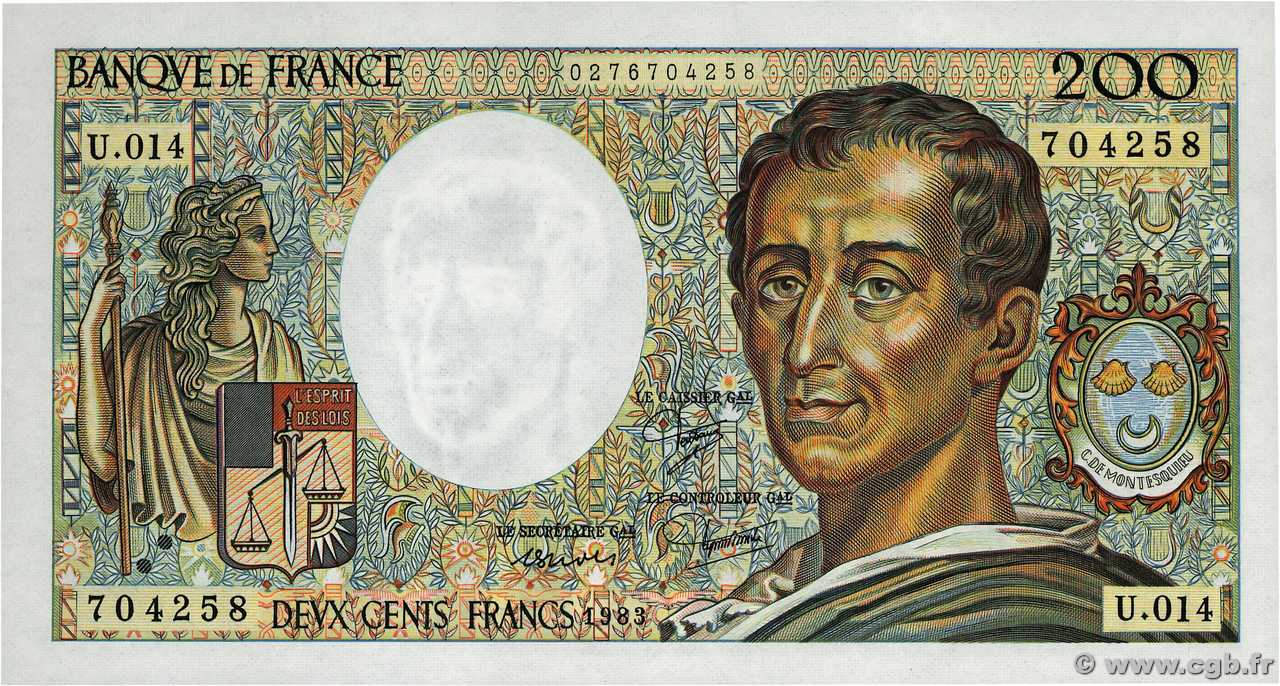 200 Francs MONTESQUIEU FRANKREICH  1983 F.70.03 fST+