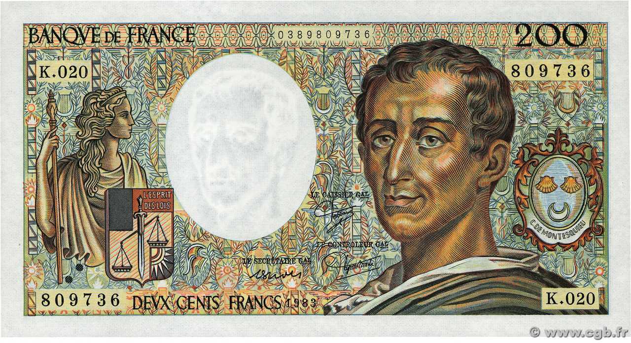 200 Francs MONTESQUIEU FRANCE  1983 F.70.03 pr.NEUF
