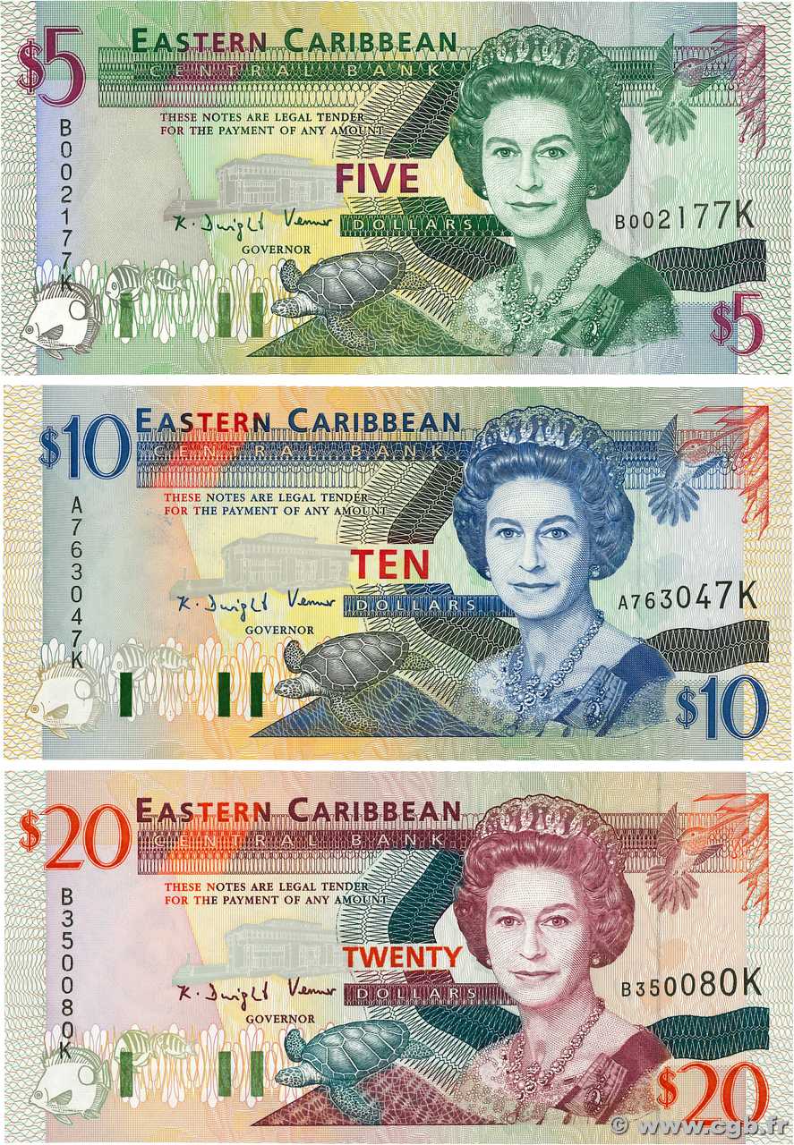 5, 10 et 20 Dollars Lot EAST CARIBBEAN STATES  1994 P.31k, P.32k et P.33k FDC