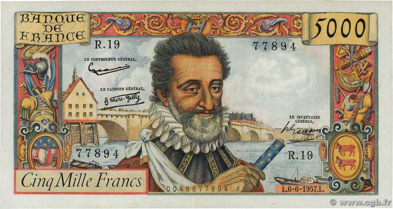 5000 Francs HENRI IV FRANCE  1957 F.49.02 TTB+