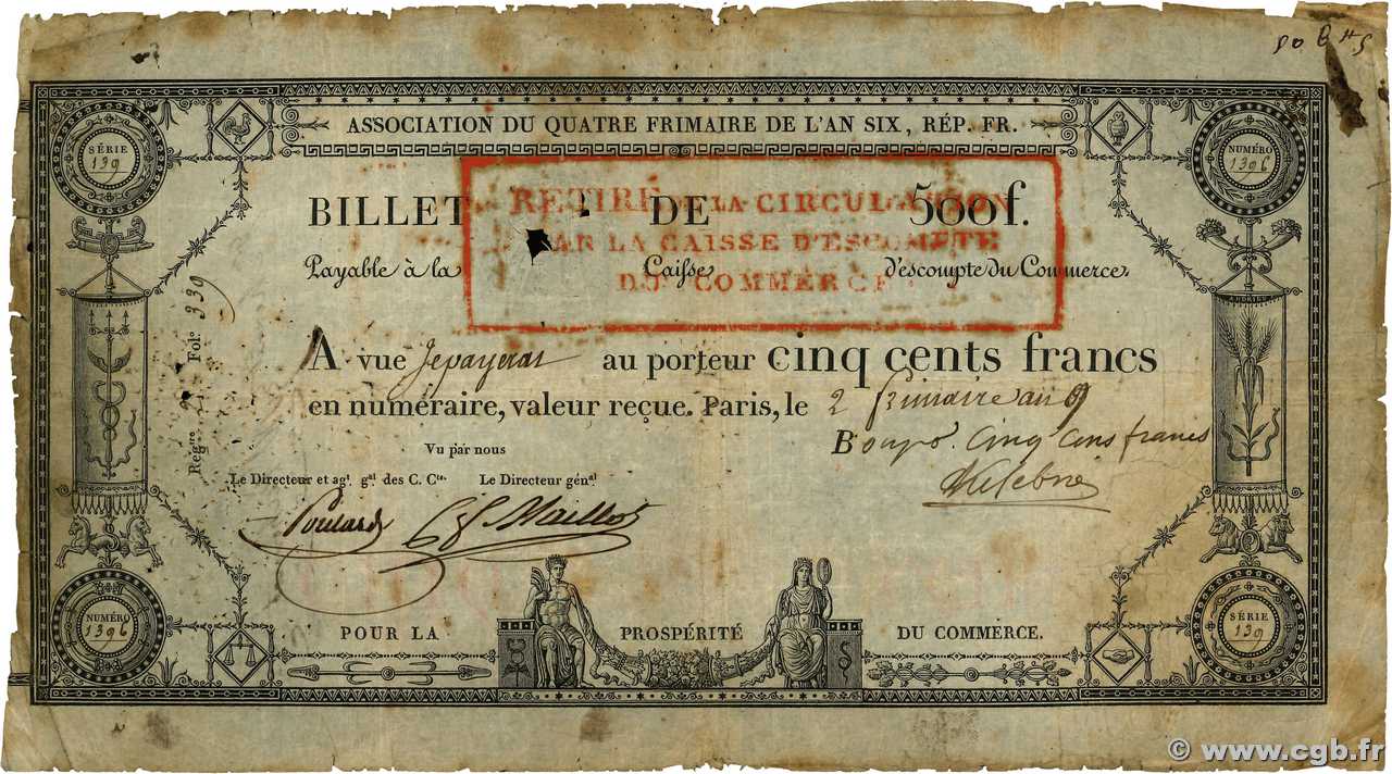 500 Francs Annulé FRANCE 1799 PS.254 b96_4648 Billets