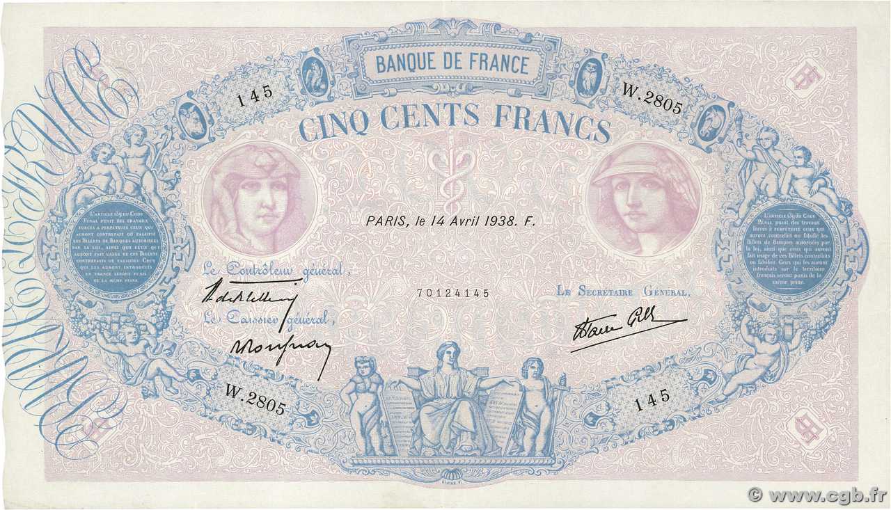 500 Francs BLEU ET ROSE modifié FRANCE  1938 F.31.08 VF+