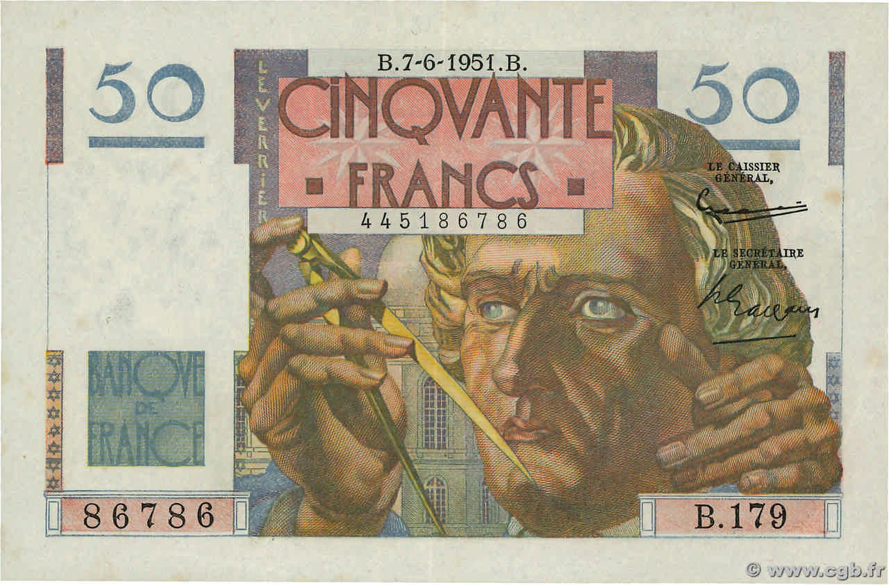 50 Francs LE VERRIER FRANCE  1951 F.20.18 XF+