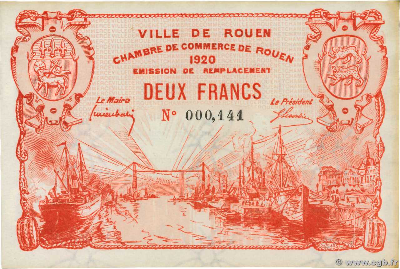 2 Francs FRANCE Regionalismus und verschiedenen Rouen 1920 JP.110.52 VZ