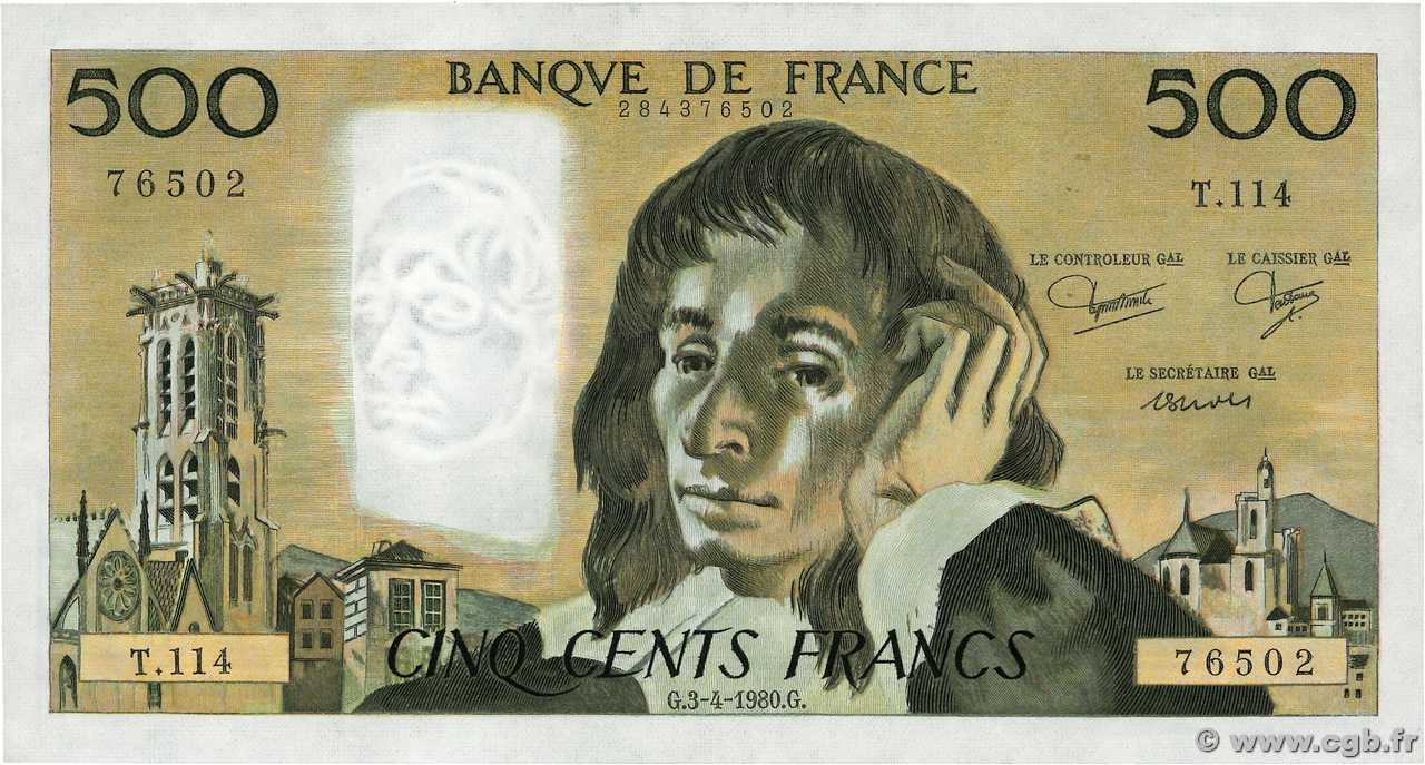 500 Francs PASCAL FRANCE  1980 F.71.21 UNC-