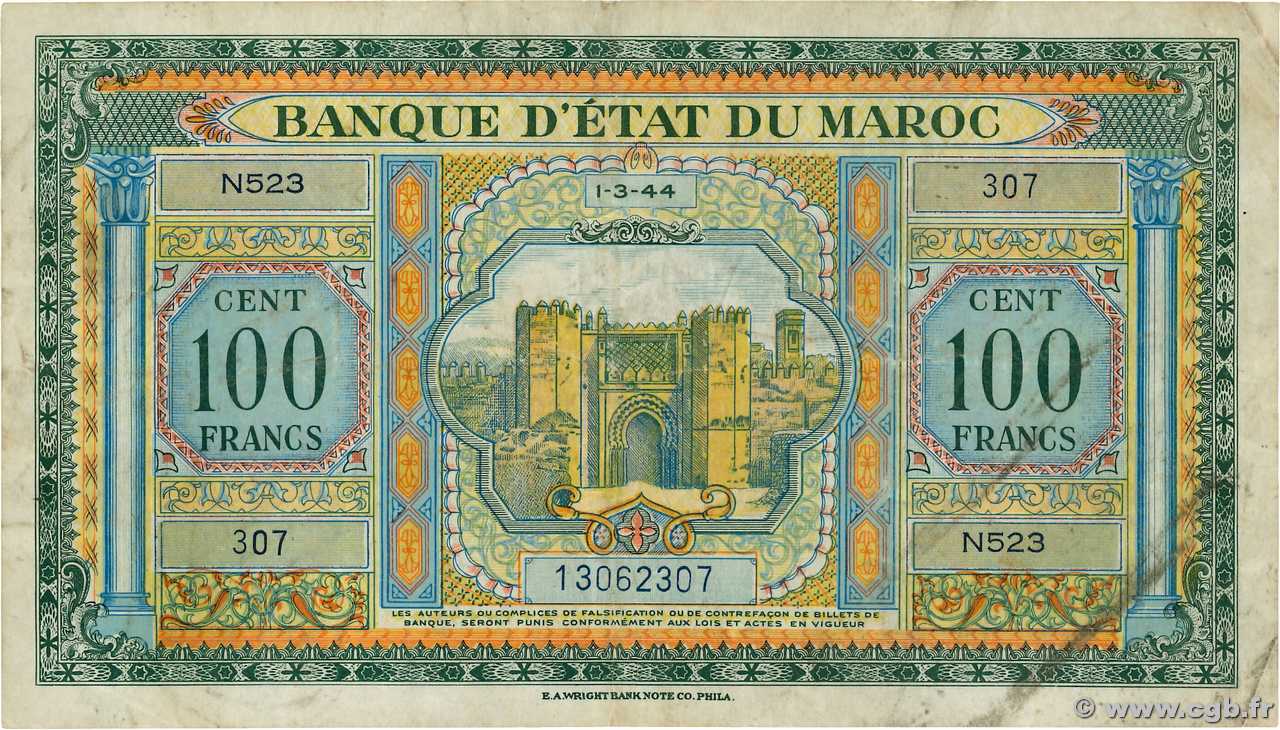100 Francs MOROCCO  1944 P.27a F