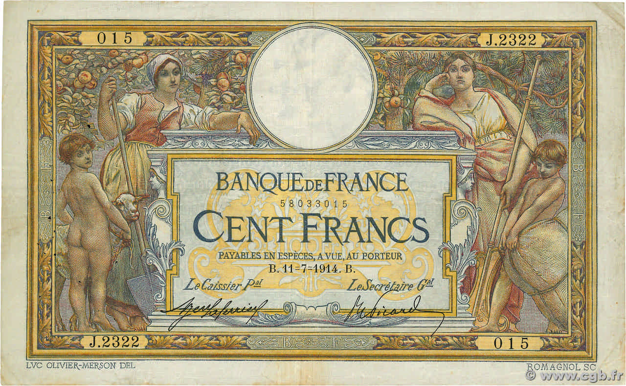 100 Francs LUC OLIVIER MERSON sans LOM FRANCE  1914 F.23.06 F+